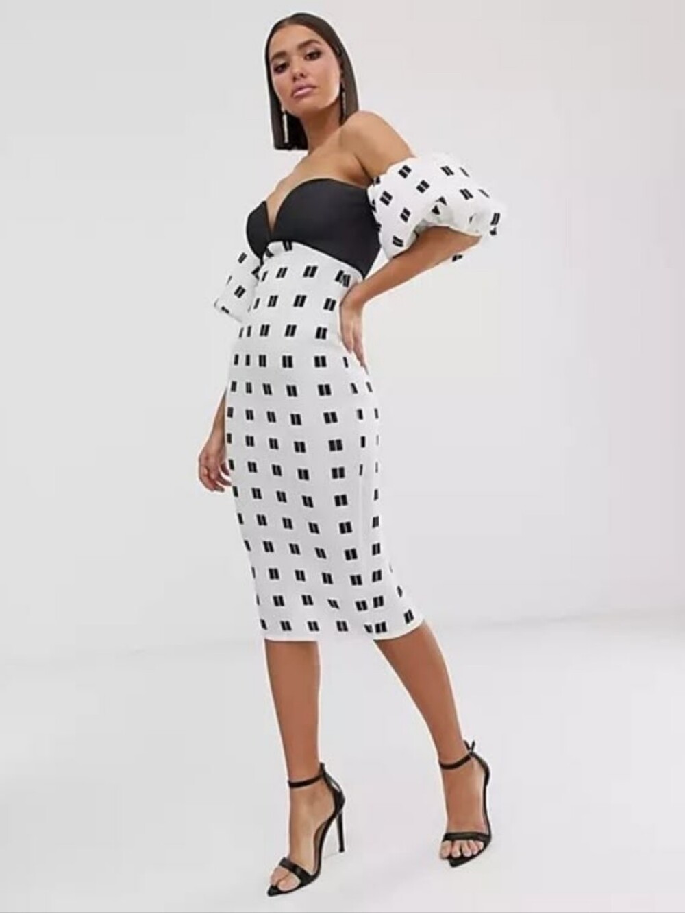 NWT ASOS Mono Grid Puff Sleeve Off The Shoulder Dress Black White Sz 4 Cocktail - Picture 11 of 12